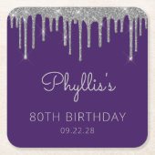 Paarse Zilveren Glitter Drip 80ste Verjaardagsfees Kartonnen Onderzetters (Voorkant)