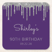 Paarse Zilveren Glitter Drip 90ste Verjaardagsfees Kartonnen Onderzetters (Voorkant)