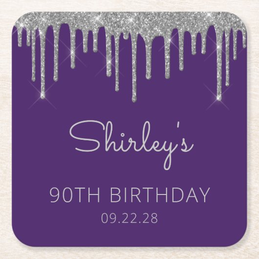 Paarse Zilveren Glitter Drip 90ste Verjaardagsfees Kartonnen Onderzetters (Voorkant)
