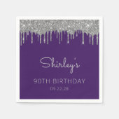 Paarse Zilveren Glitter Drip 90ste Verjaardagsfees Servet (Voorkant)