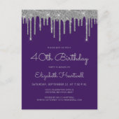 Paarse zilveren glitter drips 40ste verjaardagsfee briefkaart (Voorkant)