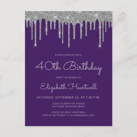 Paarse zilveren glitter drips 40ste verjaardagsfee briefkaart (Voorkant)