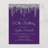 Paarse zilveren glitter drips 60ste verjaardagsfee briefkaart (Voorkant)