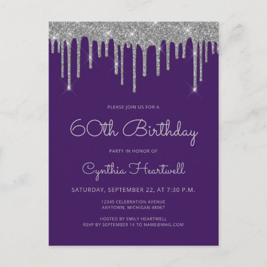 Paarse zilveren glitter drips 60ste verjaardagsfee briefkaart (Voorkant)