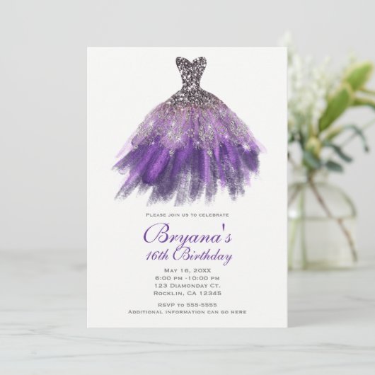 Paarse & Zilveren Glitter Glam Dress Sweet 16 Part Kaart (Staand voorkant)