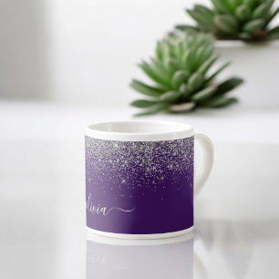 Paarse Zilveren Glitter Meisjesachtige Monogram Na Espresso Kop