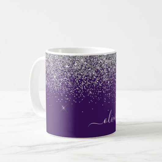 Paarse Zilveren Glitter Meisjesachtige Monogram Na Koffiemok (Voorkant links)