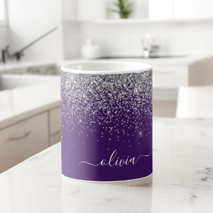 Paarse Zilveren Glitter Meisjesachtige Monogram Na Koffiemok