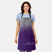 Paarse Zilveren Glitter Meisjesachtige Monogram Na Schort (Gedragen)