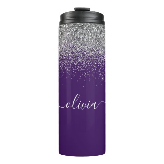 Paarse Zilveren Glitter Meisjesachtige Monogram Na Thermosbeker (Voorkant)