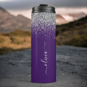 Paarse Zilveren Glitter Meisjesachtige Monogram Na Thermosbeker