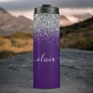 Paarse Zilveren Glitter Meisjesachtige Monogram Na Thermosbeker