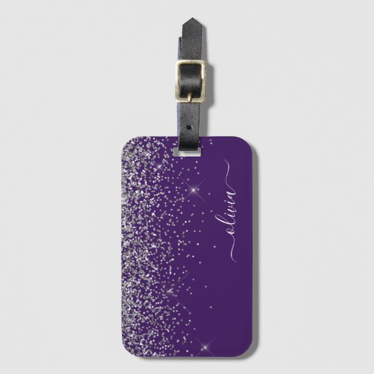 Paarse Zilveren Glitter Meisjesnaam met Monogram Bagagelabel (Voorkant (verticaal))