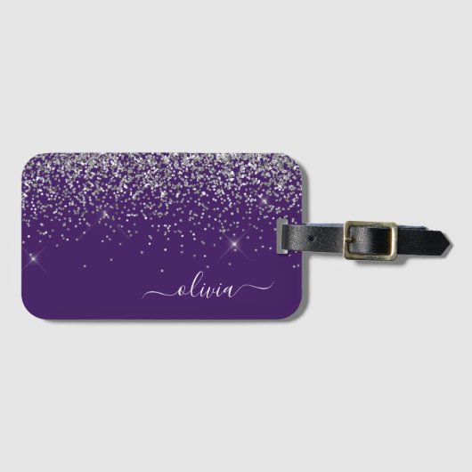 Paarse Zilveren Glitter Meisjesnaam met Monogram Bagagelabel (Voorkant (horizontaal))