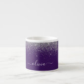 Paarse Zilveren Glitter Meisjesnaam met Monogram Espresso Kop (Voorkant)