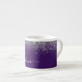 Paarse Zilveren Glitter Meisjesnaam met Monogram Espresso Kop (Voorkant rechts)