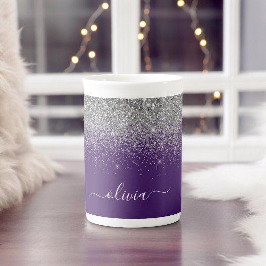 Paarse Zilveren Glitter Meisjesnaam met Monogram Porselein Kop