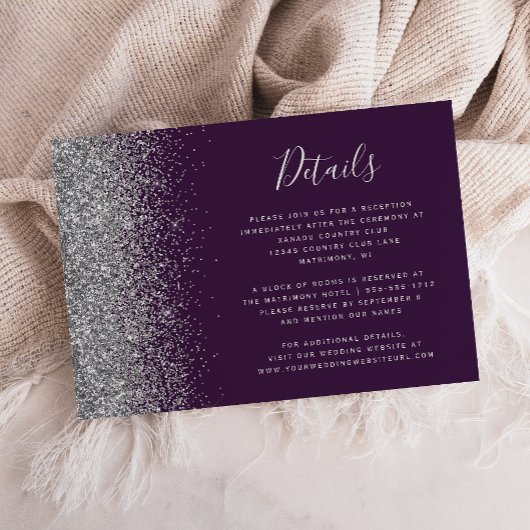 Paarse Zilveren Glitter Rand Trouwdetails Informatiekaartje