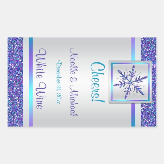 Paarse zilveren glitter sneeuwvlok bruiloft wijn l rechthoekige sticker (Voorkant)