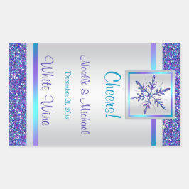 Paarse zilveren glitter sneeuwvlok bruiloft wijn l rechthoekige sticker