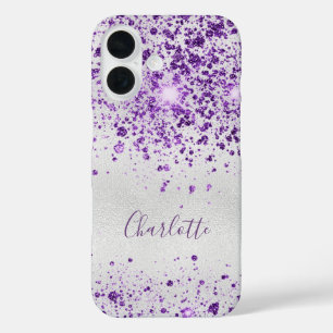 Paarse zilveren glitter sparken monogram iPhone 16 hoesje