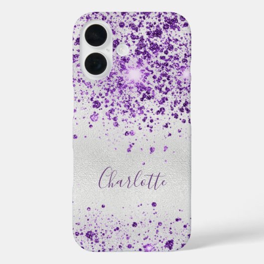 Paarse zilveren glitter sparken monogram Case-Mate iPhone case (Achterkant)