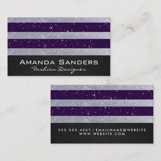 Paarse Zilveren Glitter Stripes Visitekaartje (Voorkant / Achterkant)