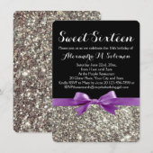 Paarse Zilveren Glitter Sweet 16 Feestuitnodiging Kaart (Voorkant / Achterkant)