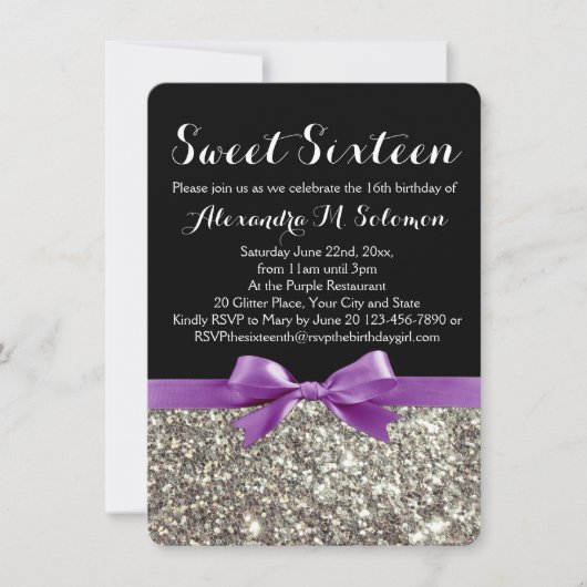 Paarse Zilveren Glitter Sweet 16 Feestuitnodiging Kaart (Voorkant)