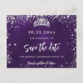 Paarse zilveren glitter tiara save the date voor S Aankondigingskaart (Voorkant)