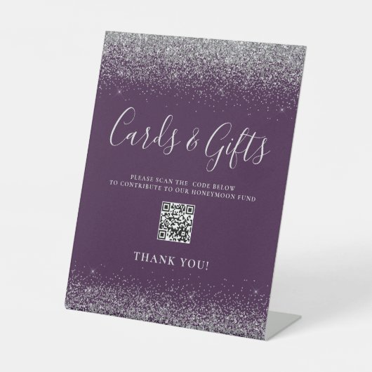 Paarse Zilveren Glitter Trouwkaarten Geschenken QR Reclamebord Met Voetstuk (Voorkant)