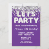 Paarse zilveren glitter verjaardagsfeestje kaart (Voorkant)