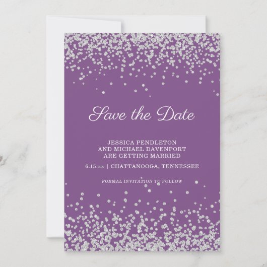 Paarse zilveren glitter-weddenschap bespaart de da save the date (Voorkant)