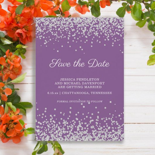 Paarse zilveren glitter-weddenschap bespaart de da save the date