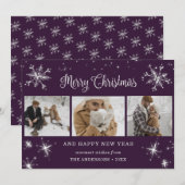 Paarse Zilveren Glitterende Sneeuwvlok Foto Collag Feestdagenkaart (Voorkant / Achterkant)