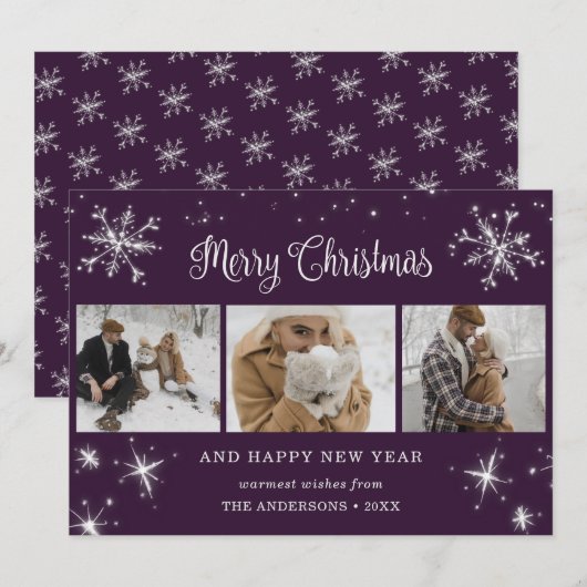 Paarse Zilveren Glitterende Sneeuwvlok Foto Collag Feestdagenkaart (Voorkant / Achterkant)