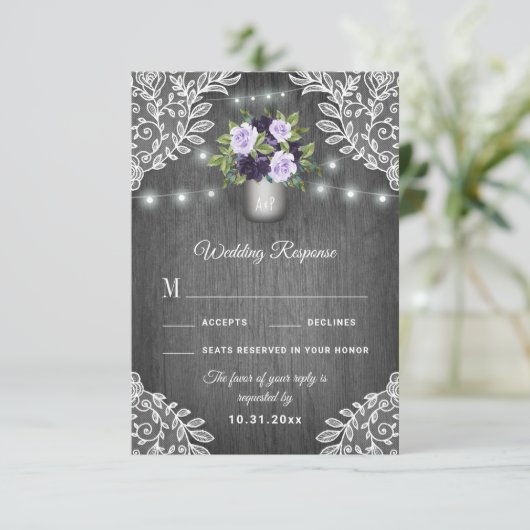 Paarse Zilveren Grijze Bloem Sluiers Trouw RSVP Ka (Staand voorkant)