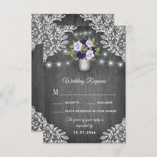 Paarse Zilveren Grijze Bloem Sluiers Trouw RSVP Ka (Voorkant / Achterkant)