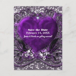 Paarse & Zilveren Hart Glitter Save The Date Feest Aankondigingskaart