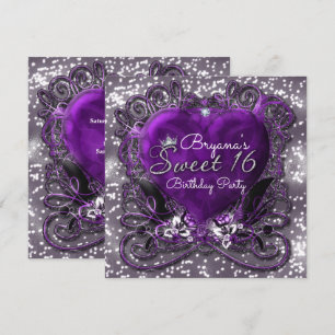 Paarse & Zilveren Hart Glitter Sweet 16 Uitnodigin Kaart