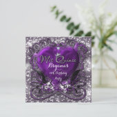 Paarse & Zilveren Hart Mis Quince 15e Uitnodiging (Staand voorkant)