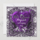 Paarse & Zilveren Hart Mis Quince 15e Uitnodiging (Voorkant)