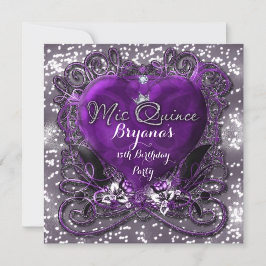 Paarse & Zilveren Hart Mis Quince 15e Uitnodiging (Voorkant)
