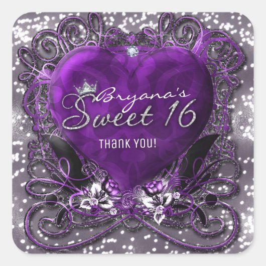 Paarse & Zilveren Hart Sparkle Sweet 16 Party Favo Vierkante Sticker (Voorkant)