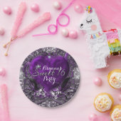 Paarse & Zilveren Hart Sparkle Sweet 16 Party Papieren Bordje (Feest)