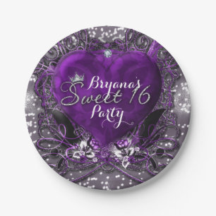 Paarse & Zilveren Hart Sparkle Sweet 16 Party Papieren Bordje