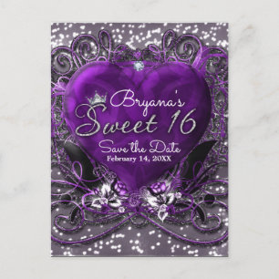 Paarse & Zilveren Hart Sweet 16 Save the Date Part Aankondigingskaart