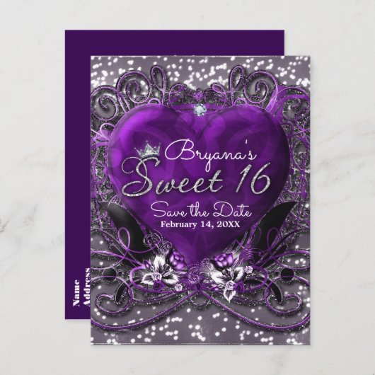 Paarse & Zilveren Hart Sweet 16 Save the Date Part Aankondigingskaart (Voorkant / Achterkant)