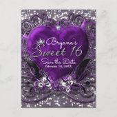 Paarse & Zilveren Hart Sweet 16 Save the Date Part Aankondigingskaart (Voorkant)