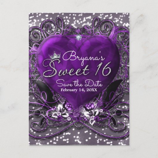 Paarse & Zilveren Hart Sweet 16 Save the Date Part Aankondigingskaart (Voorkant)